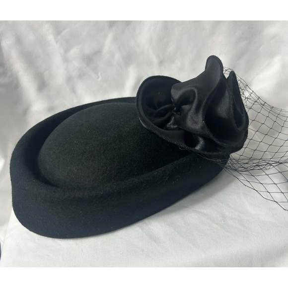 Vintage Black 100% Wool Pillbox Hat Satin Rose Birdcage Veil Funeral Formal Goth main image 4